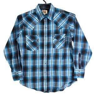 Mens Blue Plaid Ely Cattleman Shirt Pearl Snap Button Down Long Sleeve Size M